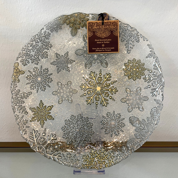 Artistic Accents Turkish Glass Serving Platter 13in Gold Silver Snowflakes NEW - Picture 8 of 11
